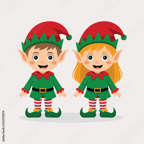 Two Cheerful Christmas Elves in Green Outfits and Red Hats Keywords: Christmas, elves, holiday