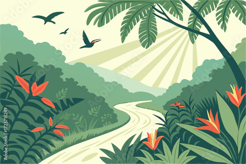Tranquil tropical paradise scenery with birds, winding path, and lush vegetation evokes feelings of serenity and escape, ideal for travel and nature themes