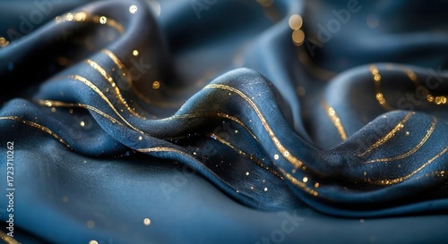 Luxurious dark blue fabric with shimmering gold threads and sparkling highlights