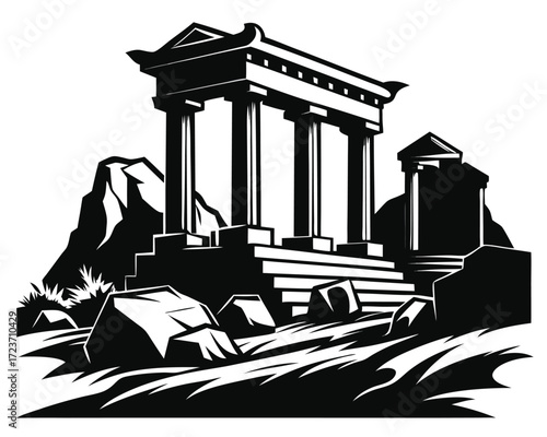 Detailed black and white vector illustration of ancient ruins with architectural elements and a sense of history