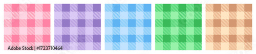 Set of seamless vichy pattern. Gingham design print in pink, blue, purple, beige, green pastel baby colors. Checkered background, plaid fabric texture, tablecloth textile.