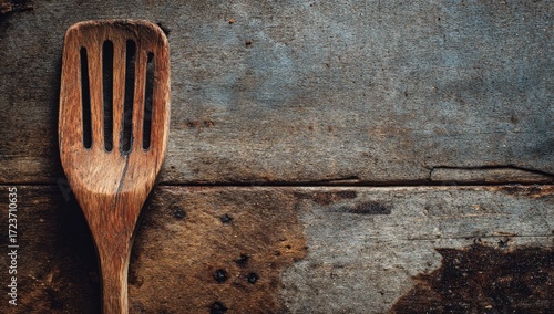 Fototapeta Naklejka Na Ścianę i Meble -  Wooden slotted spatula on a rustic textured wood background with copy space.