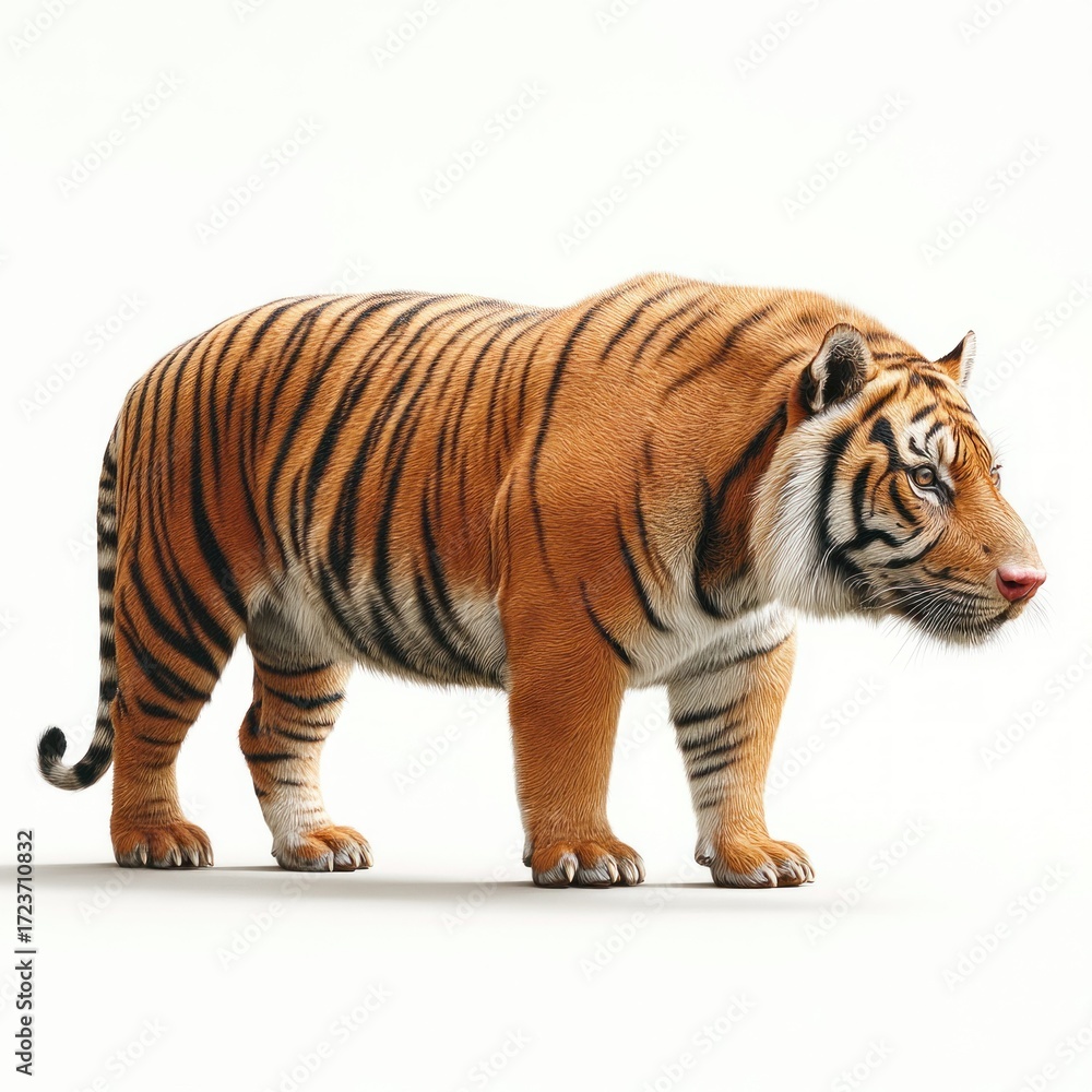 Obraz premium A majestic tiger stands proudly, showcasing its beautiful stripes against a clean white backdrop. This animal is a powerful symbol.