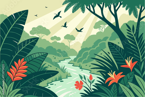 Lush tropical rainforest landscape with vibrant flowers and sunlight streaming through trees, a serene escape perfect for nature lovers and travel enthusiasts