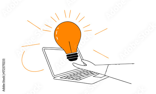 Creative idea concept with glowing light bulb emerging from laptop screen – innovation and technology illustration