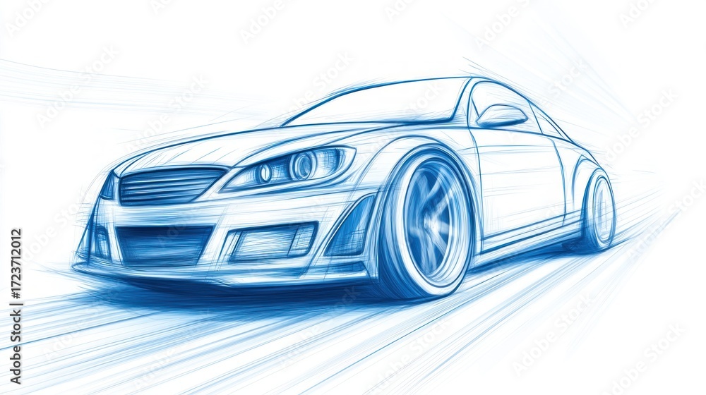 Naklejka premium A striking, blue-toned illustration of a sleek sports car speeding across a white background, conveying movement.