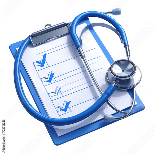 medical stethoscope and checklist clipart isolated. medical health care concept. 3d illustration.