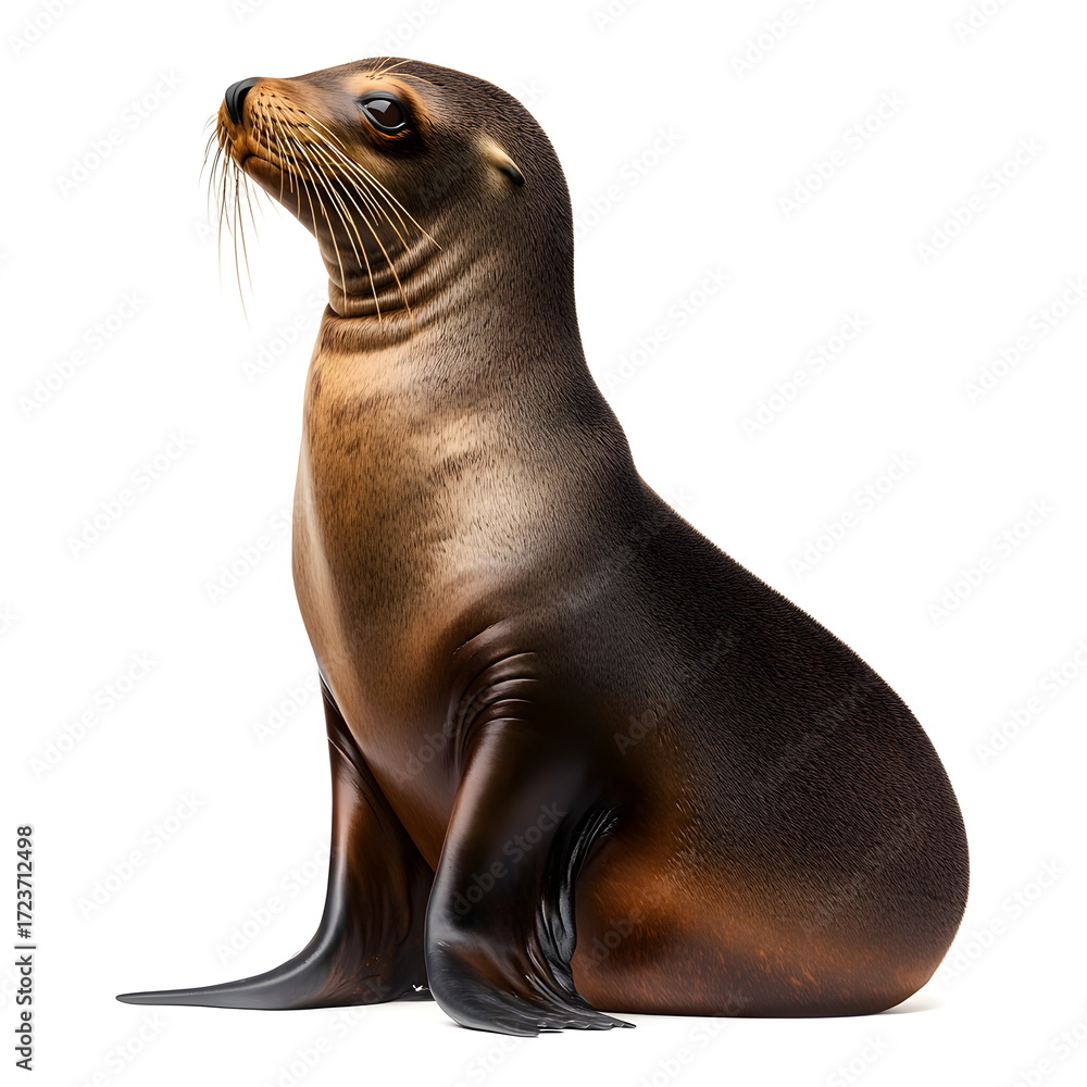 Obraz premium Realistic full-body side view portrait of a sea lion with smooth brown fur, visible whiskers, and a gentle expression, captured in high resolution with dynamic lighting, soft shadows, and clean sharp 