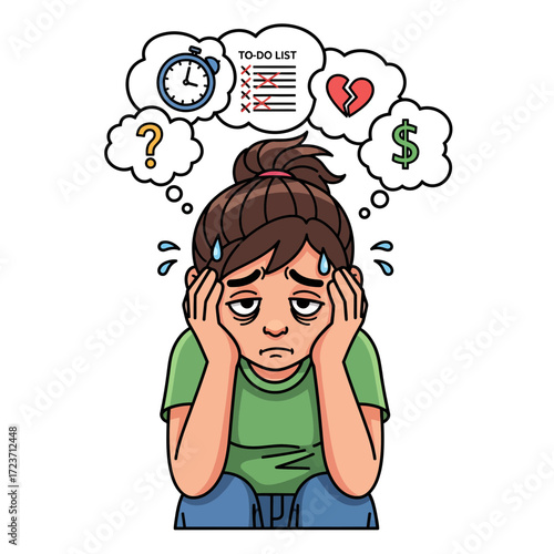 Anxious Young Woman Overwhelmed by Life's Demands, Grappling with Time Management, Financial Stress, and Emotional Burdens