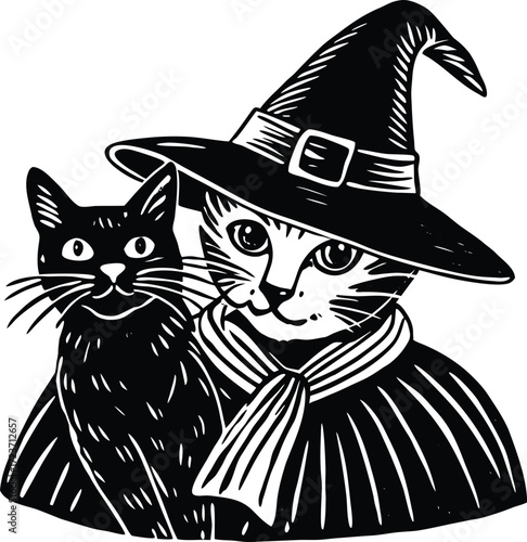 Halloween silhouettes black icon and character vector art of charming illustration of two cats, one dressed as a witch, perfect for halloween or fantasythemed designs