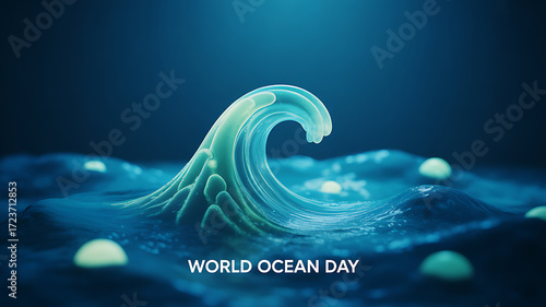Fototapeta Naklejka Na Ścianę i Meble -  A stylized ocean wave with glowing elements and text reading 'World Ocean Day' against a deep blue background.