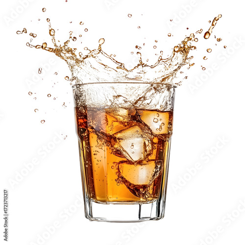 Refreshing Drink Splashing out of Glass on White Background