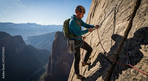 Man rock climbing on a steep cliff face with a scenic mountain backdrop.