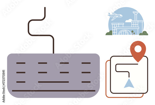 Keyboard with cord, map path, location pin, and airport building suggesting travel and navigation. Ideal for travel, navigation, technology, logistics, mapping route planning user interfaces