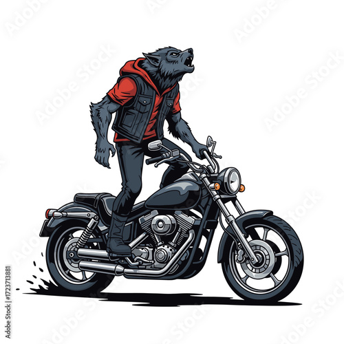 Cartoon depiction of a werewolf riding a motorcycle, wearing a vest and red shirt, howling.