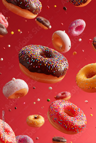 Colorful assortment of floating donuts with sprinkles against a vibrant red background (1)