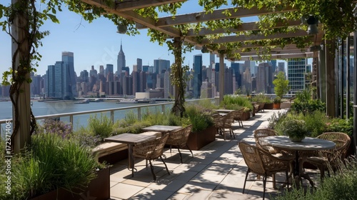 Rooftop terrace with seating and greenery overlooking city skyline and waterfront view