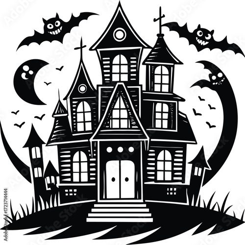 Halloween silhouettes black icon and character vector art of a spooky haunted house with bats flying around it, set against a moonlit sky, creating a classic halloween scene