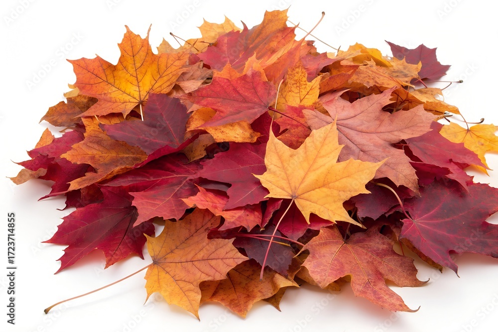 Fototapeta premium Pile of Colorful Autumn Maple Leaves on White Background autumn leaves fall