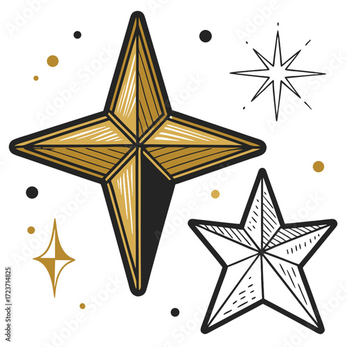 Gold and black nativity star illustrations with decorative elements  