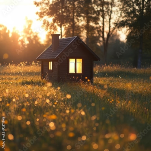 Cozy cabin bathed in golden hour sunlight in a peaceful meadow