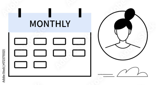 Monthly calendar grid next to a profile avatar, conveying organization and personal scheduling. Ideal for productivity, schedule, calendar management, planning, routine, time tracking, and structure