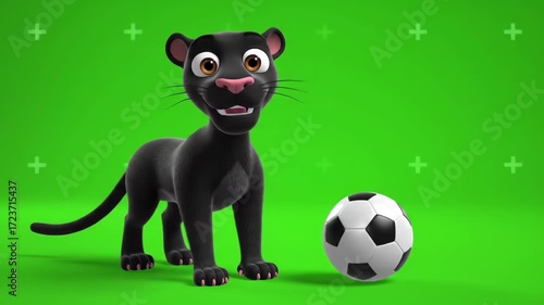 Cheerful cartoon black panther standing beside a soccer ball on a green screen.