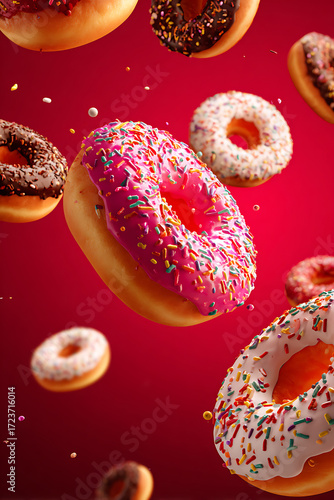 A vibrant display of flying donuts with colorful sprinkles against a red background