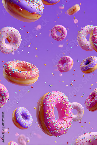 Colorful donuts with sprinkles floating against a vibrant purple background, creating a whimsical atmosphere