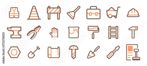 Collection of vector line icons of hand tools and instruments. construction worker tools icon set