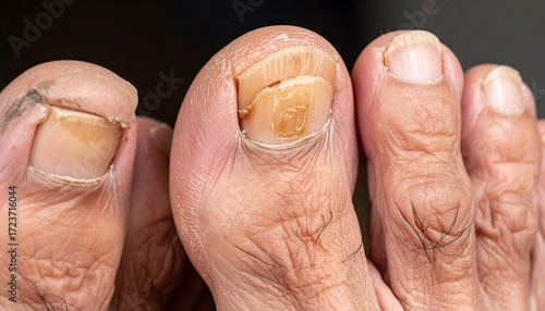 Close-up of three toenails with discoloration and damage