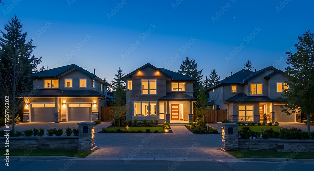 Fototapeta premium Great neighborhood. Luxury houses with nicely paved doorway at dusk, night time in suburbs of Vancouver, Canada.