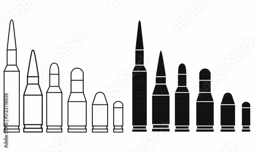 Vector ammunition set showing different bullet calibers in outline and silhouette. cartridge icon for military, firearm, weapon, war, hunting, and ballistic design.