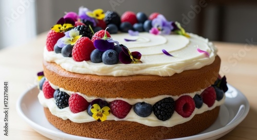 Beautifully decorated layer cake adorned with fresh berries and edible flowers, perfect for celebrations.
