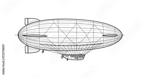 Detailed black and white sketch of vintage airship design
