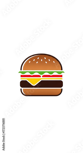Deliciously stacked hamburger illustration with fresh toppings on a clean white background