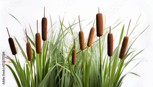cattail cat tail cumbungi punk or bulrush typha are aquatic or semi aquatic rhizomatous herbaceous perennial grass plants found in a variety of wetland habitats isolated on white background