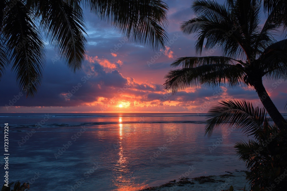Fototapeta premium Tropical Sunset Serenity - Palm-Framed Golden Hour Over the Ocean.