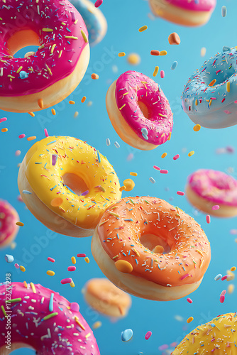 Colorful donuts with sprinkles floating against a vibrant blue background, creating a playful scene