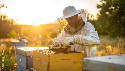 Beekeeper inspecting beehive at sunset