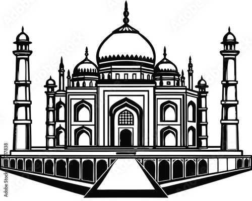 Intricate black and white line art illustration of a grand mughal palace architecture