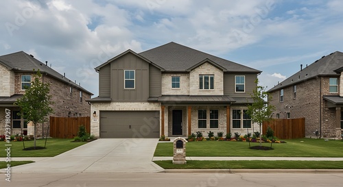 Brand new two story residential house in suburban American neighborhood at Humble, Texas, US. Newly constructed, freshly built modern home with landscaped yard.