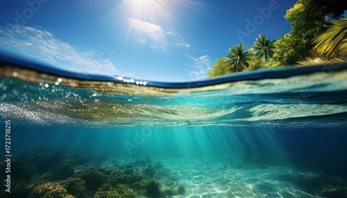 split level view half underwater sparkling waves summer scene