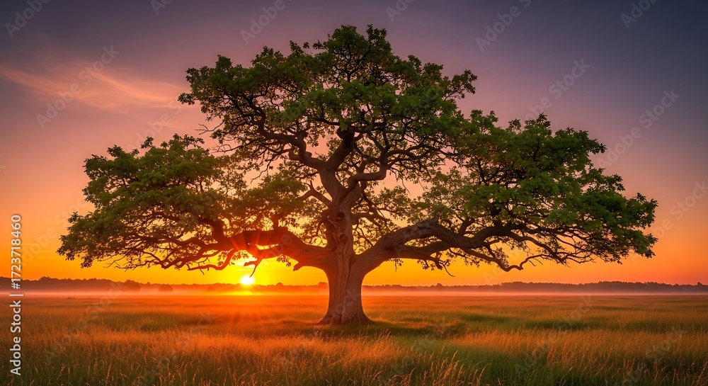 Fototapeta premium Majestic Oak Tree Silhouette Against a Vibrant Sunset Sky in a Serene Meadow.