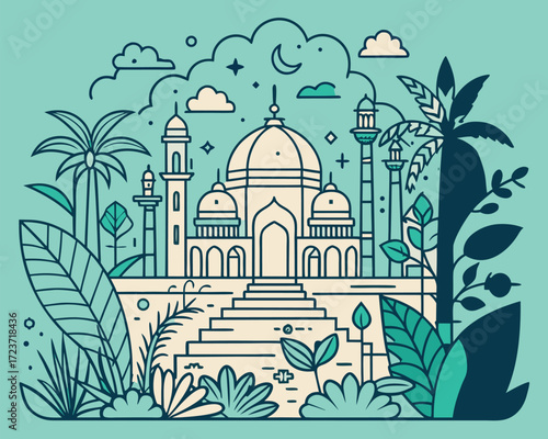 Intricate mughal inspired jungle landscape with lush foliage and architectural elements in outline style