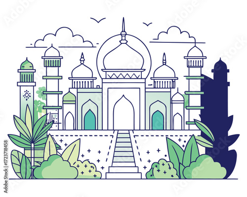 Intricate outline illustration of a lush jungle landscape with mughal architectural elements and vibrant flora