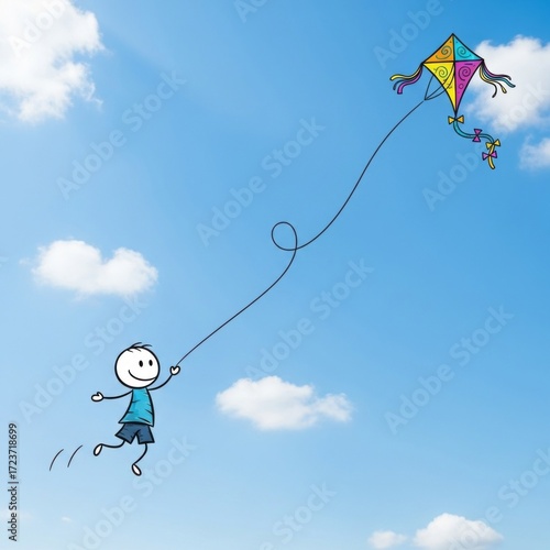 Joyful stick figure child running and flying a colorful kite on a bright sunny day