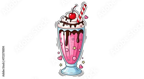 Sweet strawberry milkshake with cherry and chocolate drizzle illustration.