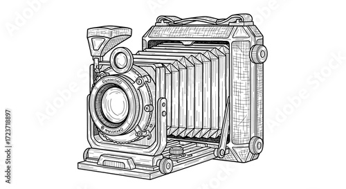 Detailed line art of a classic folding camera design