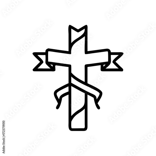 Simple cross design with ribbon elements for Easter icon  